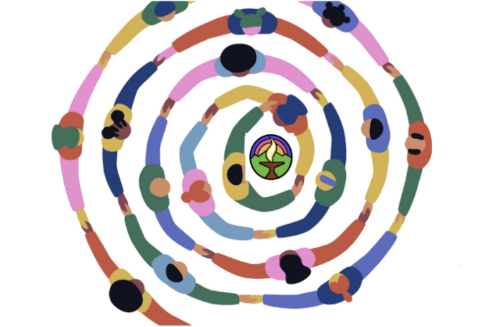 Illustration of diverse people holding arms in a spiral and encircling a UU chalice at center